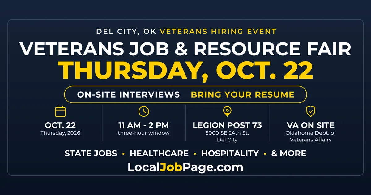 Veterans Job and Resource Fair Oct. 22 in Del City: On-Site Interviews at American Legion Post 73